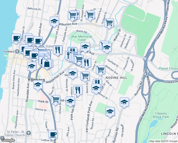 map of restaurants, bars, coffee shops, grocery stores, and more near 164 Elm Street in Yonkers