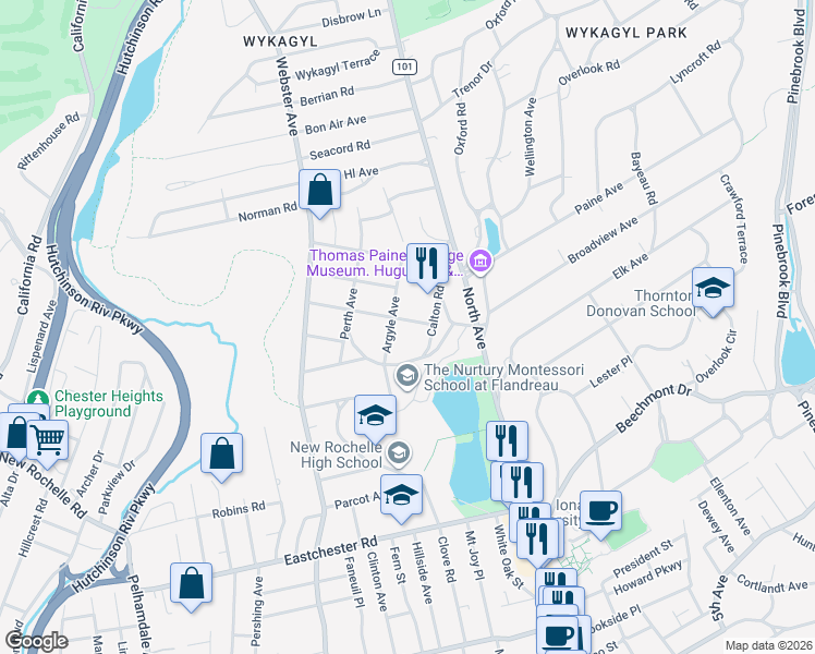 map of restaurants, bars, coffee shops, grocery stores, and more near 85 Argyle Avenue in New Rochelle