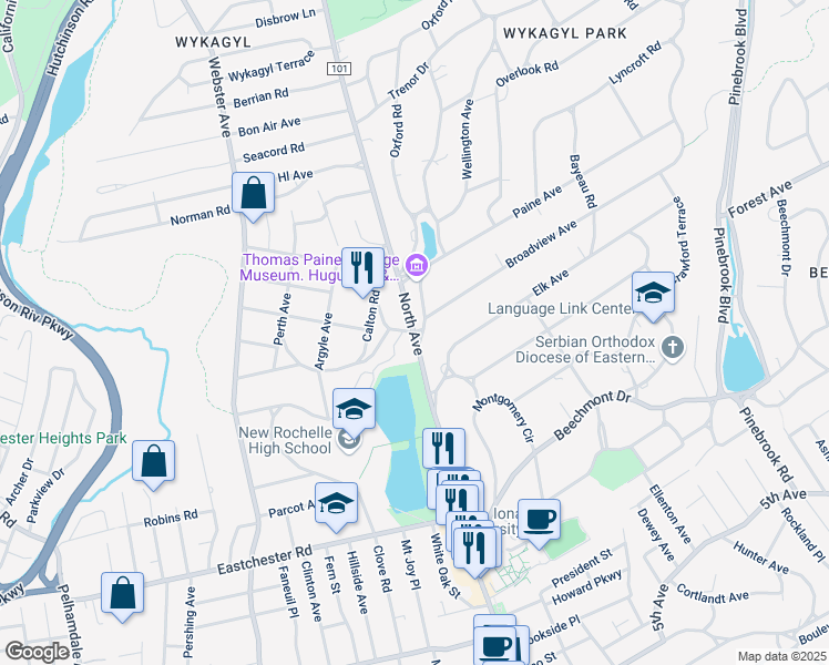 map of restaurants, bars, coffee shops, grocery stores, and more near North Ave & Broadview Ave in New Rochelle