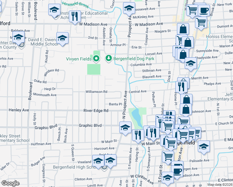 map of restaurants, bars, coffee shops, grocery stores, and more near 33 Williamson Road in Bergenfield