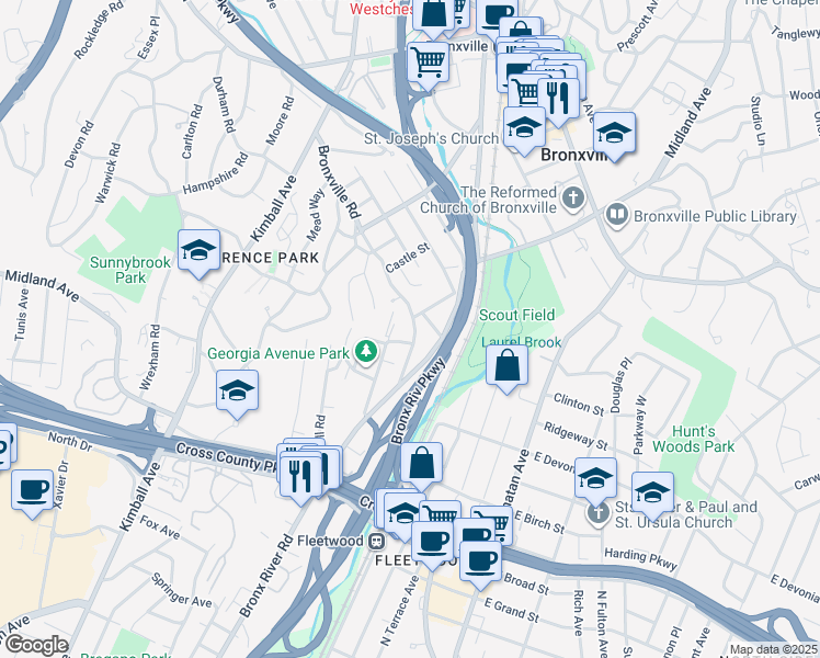 map of restaurants, bars, coffee shops, grocery stores, and more near 81 Bronxville Road in Yonkers