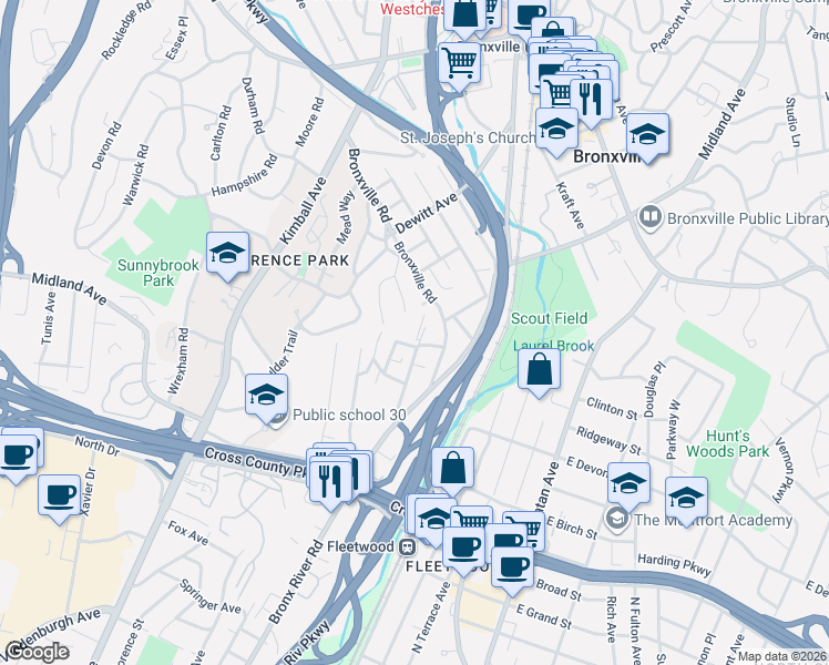 map of restaurants, bars, coffee shops, grocery stores, and more near 81 Bronxville Road in Yonkers