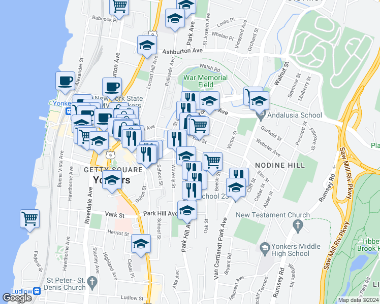 map of restaurants, bars, coffee shops, grocery stores, and more near 70 Linden Street in Yonkers