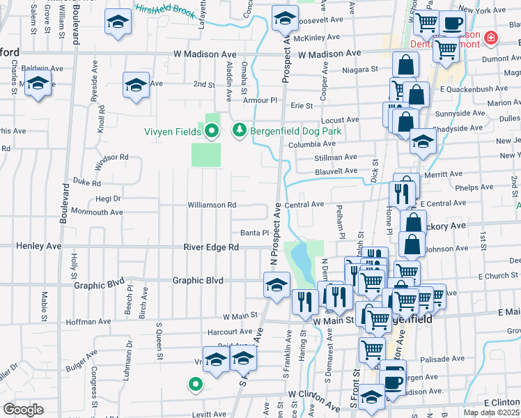 map of restaurants, bars, coffee shops, grocery stores, and more near 33 Williamson Road in Bergenfield