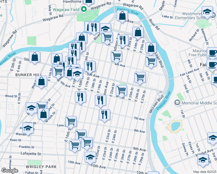 map of restaurants, bars, coffee shops, grocery stores, and more near 210 Madison Avenue in Paterson