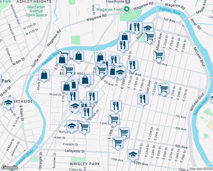 map of restaurants, bars, coffee shops, grocery stores, and more near 236 6th Avenue in Paterson