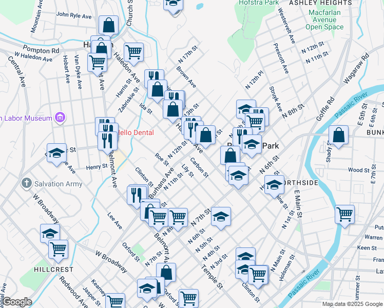 map of restaurants, bars, coffee shops, grocery stores, and more near 16 North 12th Street in Haledon