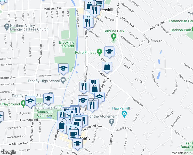 map of restaurants, bars, coffee shops, grocery stores, and more near 64 Hudson Avenue in Tenafly