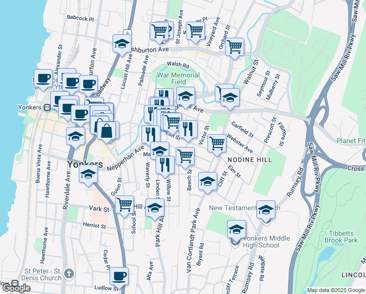 map of restaurants, bars, coffee shops, grocery stores, and more near 67 Oak Street in Yonkers