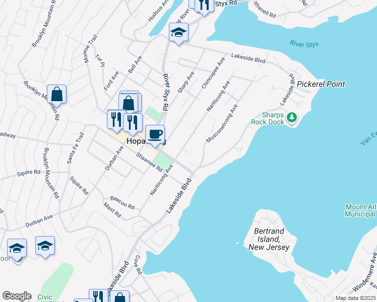 map of restaurants, bars, coffee shops, grocery stores, and more near 301 Nariticong Avenue in Hopatcong