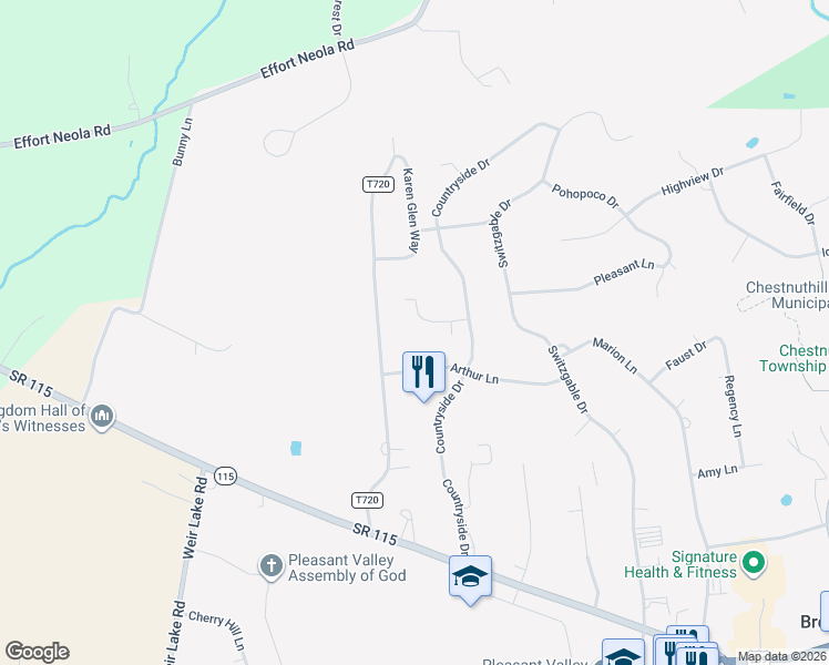 map of restaurants, bars, coffee shops, grocery stores, and more near Edgewood Drive in Brodheadsville