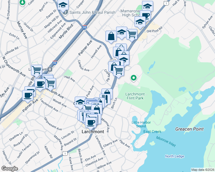 map of restaurants, bars, coffee shops, grocery stores, and more near 11 Alden Road in Larchmont