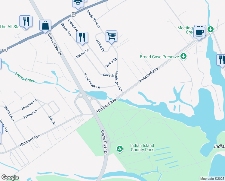 map of restaurants, bars, coffee shops, grocery stores, and more near 24 Trout Brook Lane in Riverhead