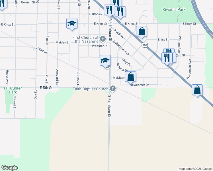 map of restaurants, bars, coffee shops, grocery stores, and more near 1050-1098 South Farnham Street in Galesburg