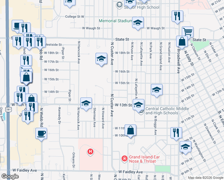 map of restaurants, bars, coffee shops, grocery stores, and more near 1426 North Custer Avenue in Grand Island