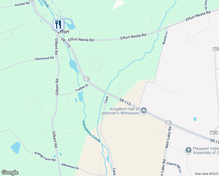 map of restaurants, bars, coffee shops, grocery stores, and more near 2474 Pennsylvania 115 in Brodheadsville