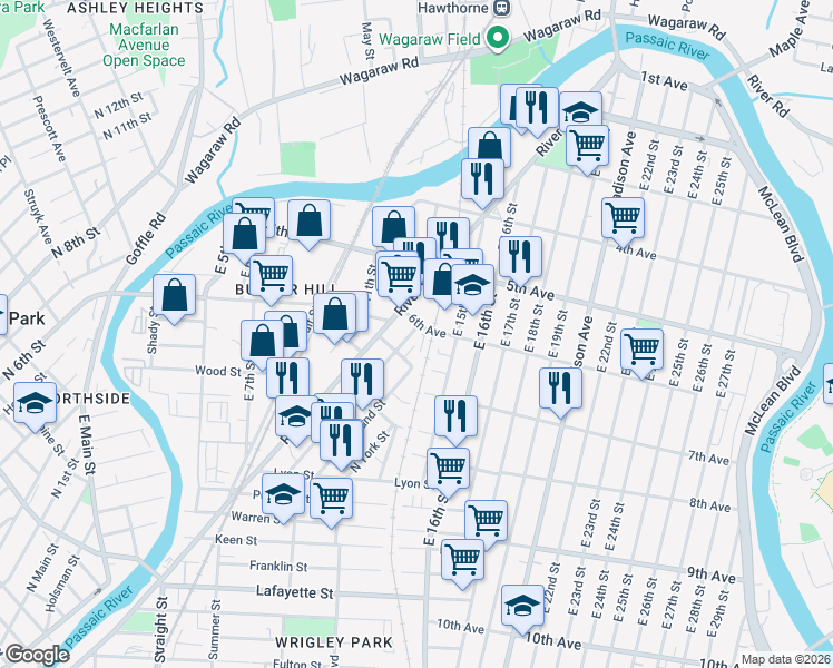 map of restaurants, bars, coffee shops, grocery stores, and more near 236 6th Avenue in Paterson