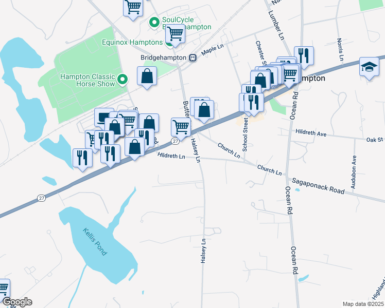 map of restaurants, bars, coffee shops, grocery stores, and more near 35 Halsey Lane in Water Mill