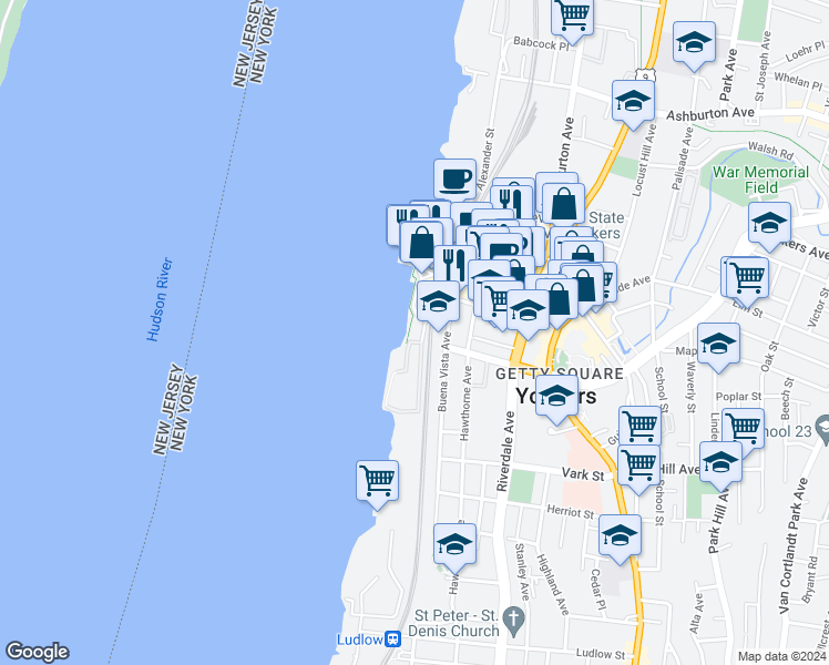 map of restaurants, bars, coffee shops, grocery stores, and more near 23 Water Grant Street in Yonkers