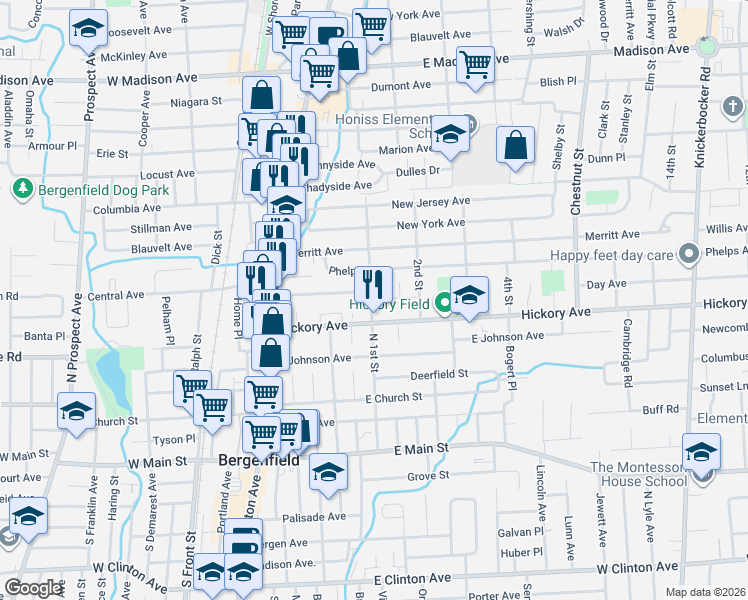 map of restaurants, bars, coffee shops, grocery stores, and more near 12 McKinley Place in Bergenfield