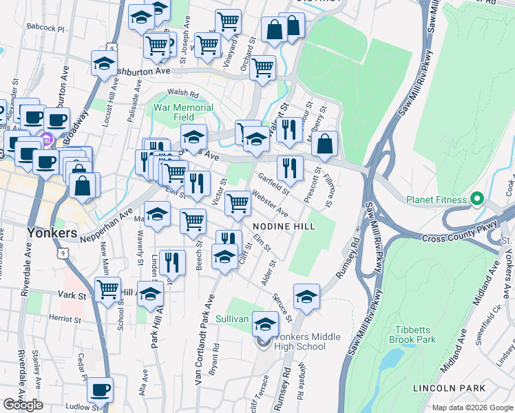map of restaurants, bars, coffee shops, grocery stores, and more near 129 Webster Avenue in Yonkers