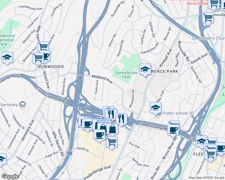 map of restaurants, bars, coffee shops, grocery stores, and more near in Yonkers