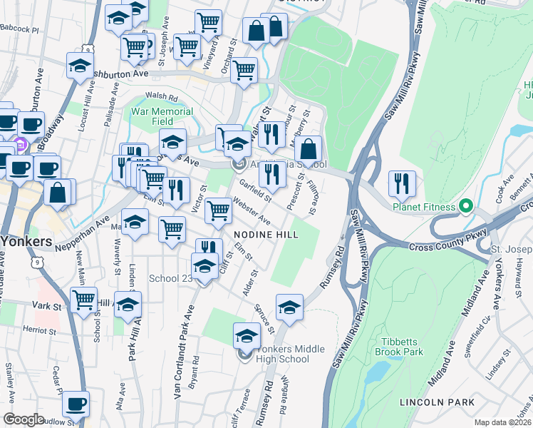 map of restaurants, bars, coffee shops, grocery stores, and more near 59 Garfield Street in Yonkers