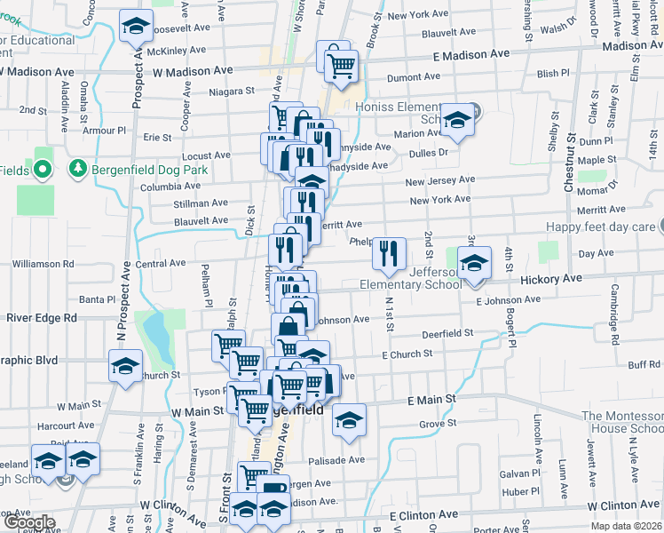 map of restaurants, bars, coffee shops, grocery stores, and more near 43 East Central Avenue in Bergenfield