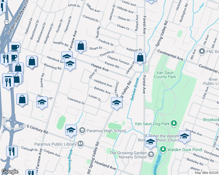 map of restaurants, bars, coffee shops, grocery stores, and more near 183 Hebberd Avenue in Paramus