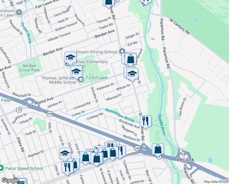 map of restaurants, bars, coffee shops, grocery stores, and more near 39-02 Wilson Street in Fair Lawn