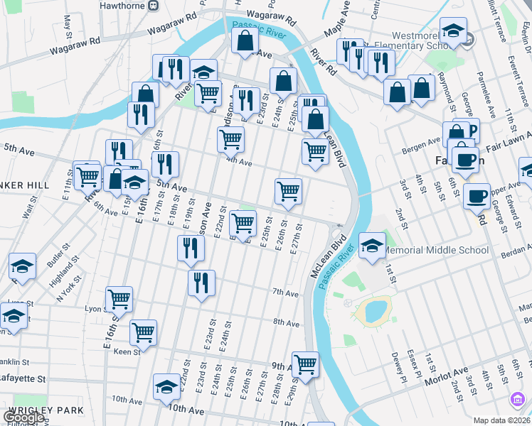 map of restaurants, bars, coffee shops, grocery stores, and more near 389 5th Avenue in Paterson