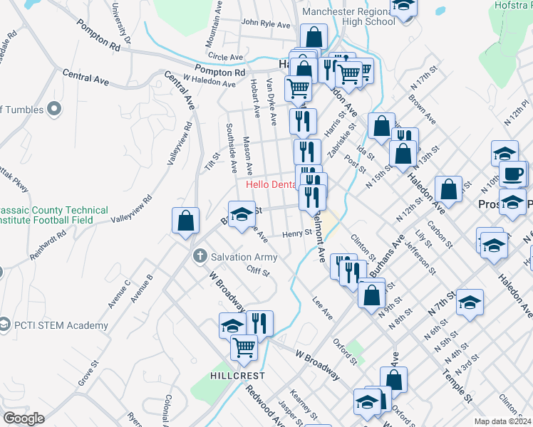 map of restaurants, bars, coffee shops, grocery stores, and more near 61 Passaic County 658 in Haledon