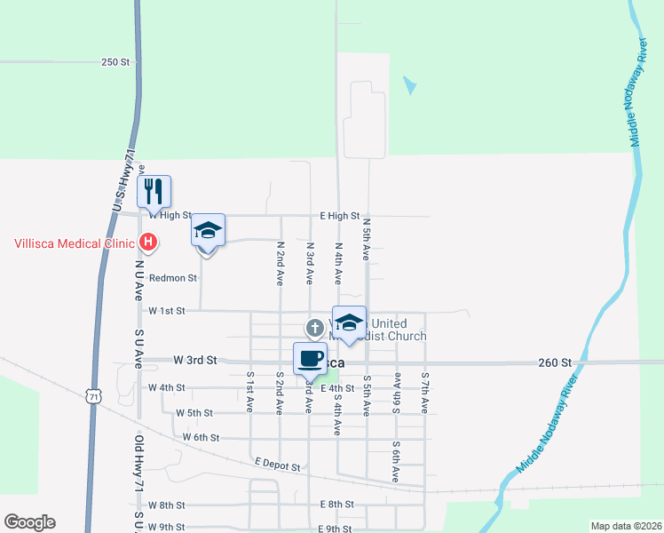 map of restaurants, bars, coffee shops, grocery stores, and more near 117 North 4th Avenue in Villisca