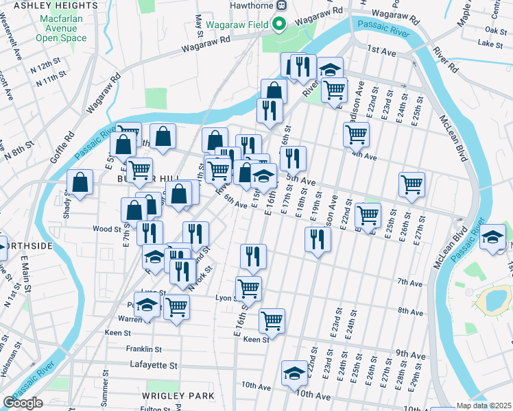 map of restaurants, bars, coffee shops, grocery stores, and more near 89 East 15th Street in Paterson