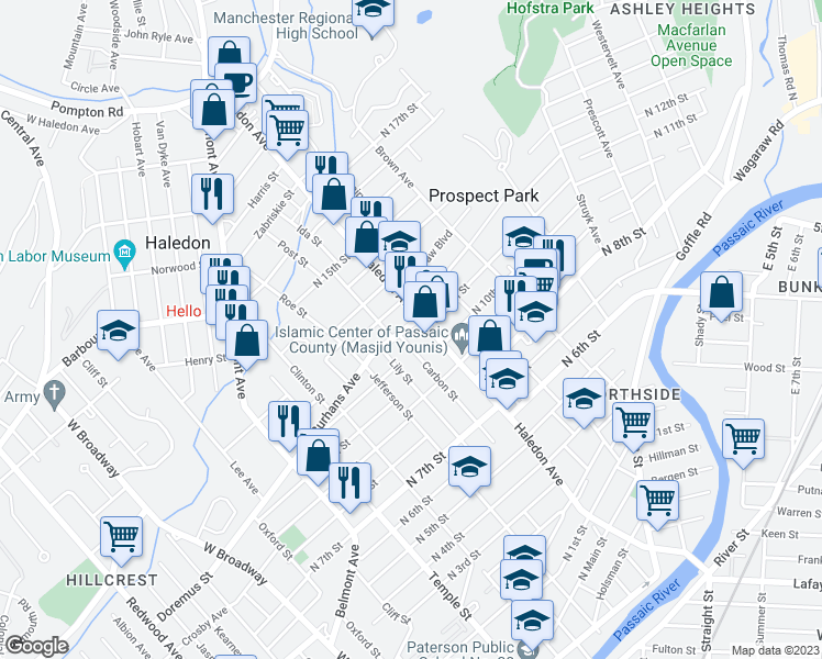 map of restaurants, bars, coffee shops, grocery stores, and more near 334 Burhans Avenue in Paterson