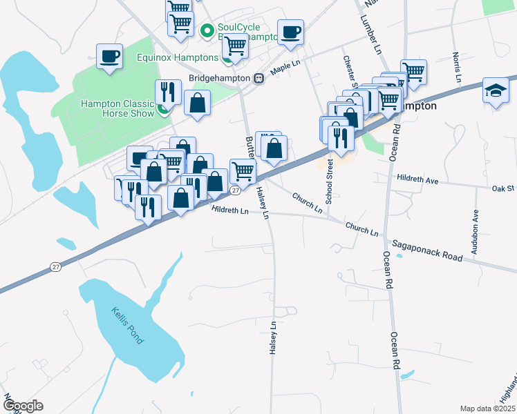 map of restaurants, bars, coffee shops, grocery stores, and more near 48 Halsey Lane in Water Mill
