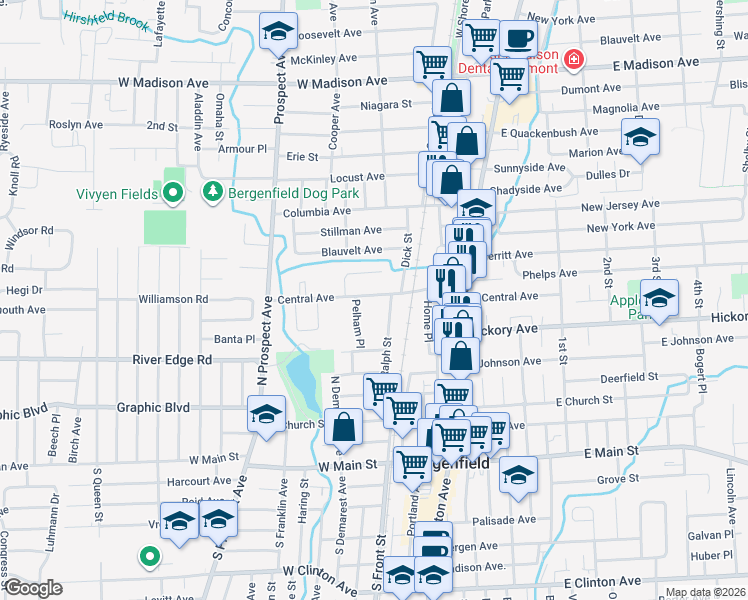 map of restaurants, bars, coffee shops, grocery stores, and more near 90 West Central Avenue in Bergenfield
