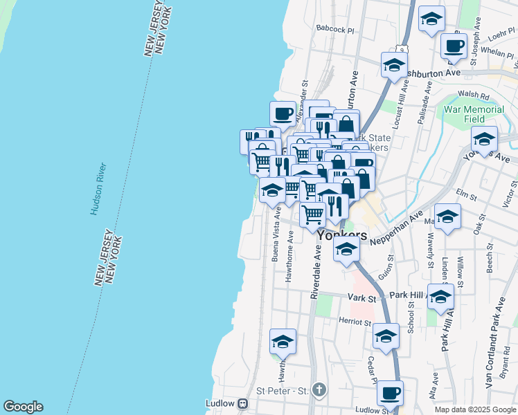 map of restaurants, bars, coffee shops, grocery stores, and more near 23 Water Grant Street in Yonkers