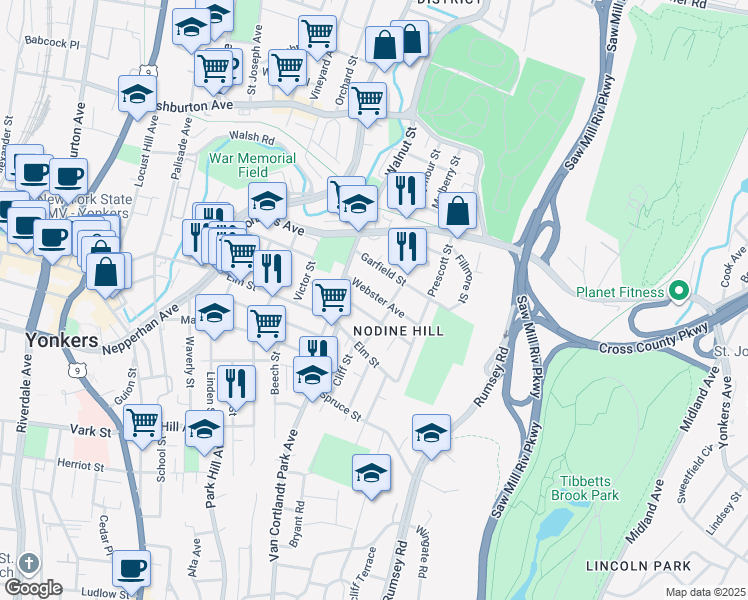 map of restaurants, bars, coffee shops, grocery stores, and more near 129 Webster Avenue in Yonkers
