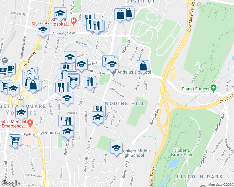 map of restaurants, bars, coffee shops, grocery stores, and more near 129 Webster Avenue in Yonkers