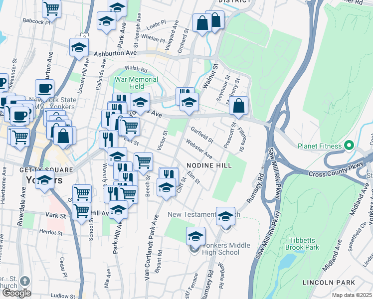 map of restaurants, bars, coffee shops, grocery stores, and more near 336 Walnut Street in Yonkers