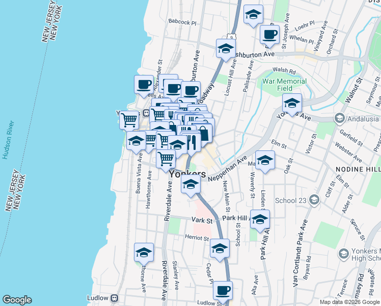 map of restaurants, bars, coffee shops, grocery stores, and more near 1 Hudson Street in Yonkers