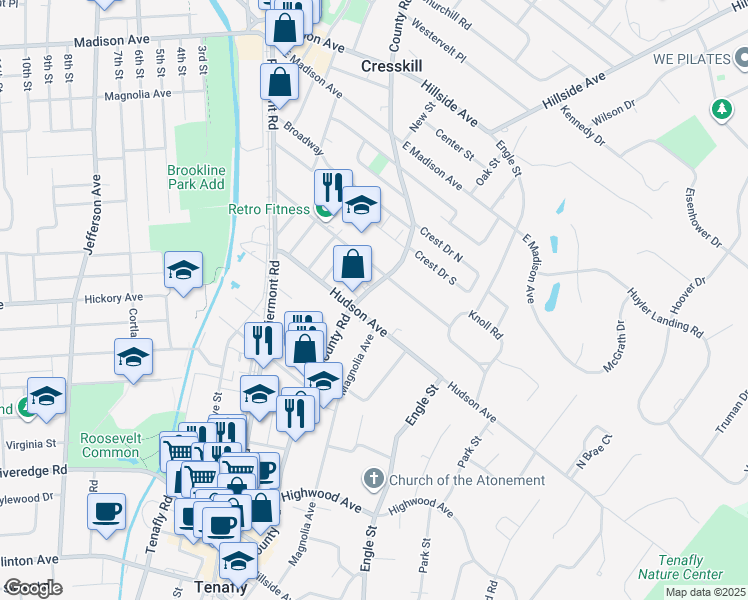 map of restaurants, bars, coffee shops, grocery stores, and more near 288 County Road in Tenafly