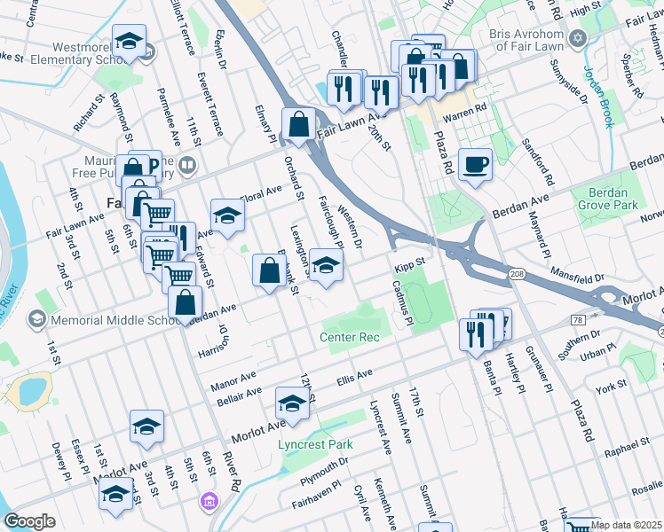 map of restaurants, bars, coffee shops, grocery stores, and more near 15-15 Berdan Avenue in Fair Lawn