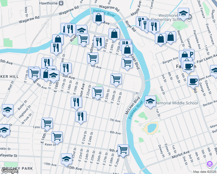 map of restaurants, bars, coffee shops, grocery stores, and more near 389 5th Avenue in Paterson