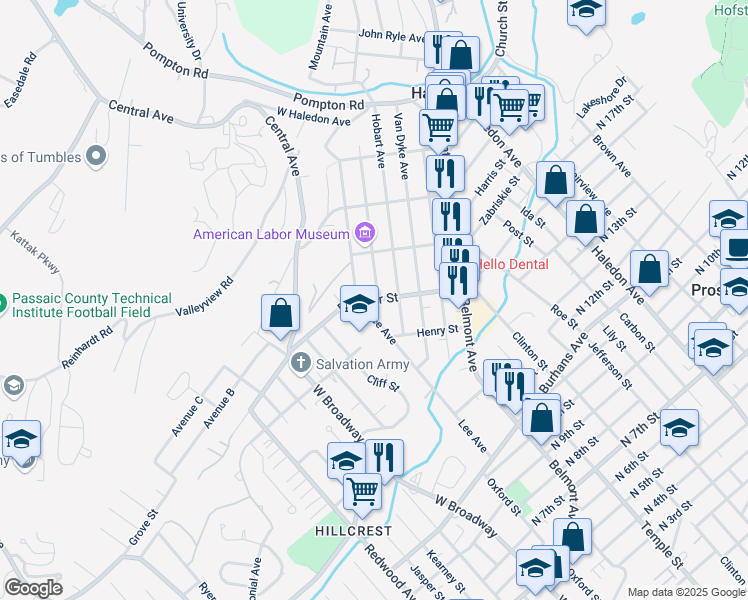 map of restaurants, bars, coffee shops, grocery stores, and more near 320 Southside Avenue in Haledon