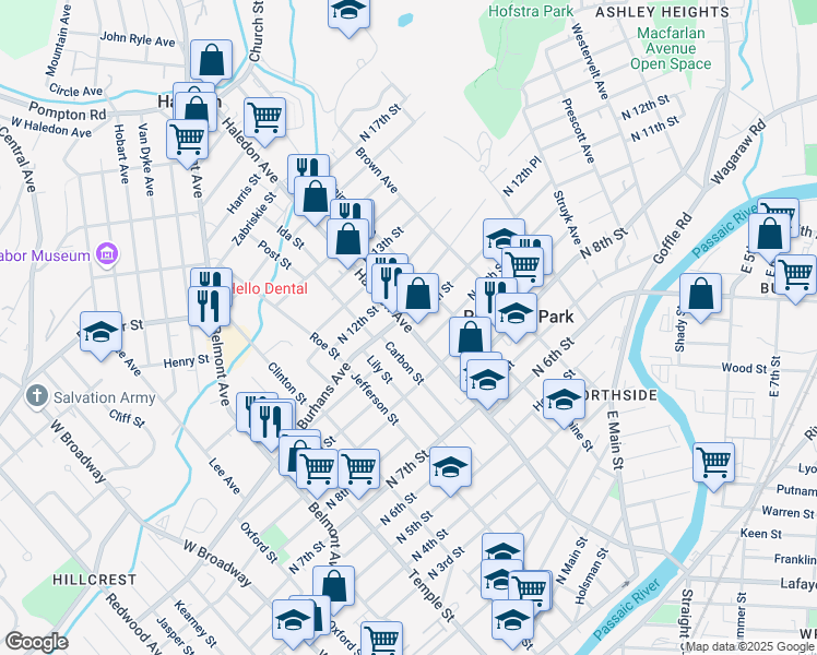 map of restaurants, bars, coffee shops, grocery stores, and more near Haledon Avenue & North 11th Street in Paterson