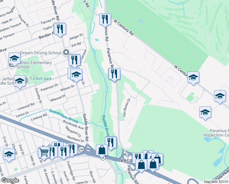 map of restaurants, bars, coffee shops, grocery stores, and more near 109 Paramus Road in Paramus