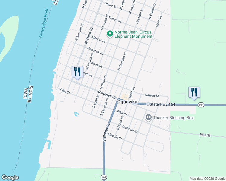 map of restaurants, bars, coffee shops, grocery stores, and more near 906 Schuyler Street in Oquawka