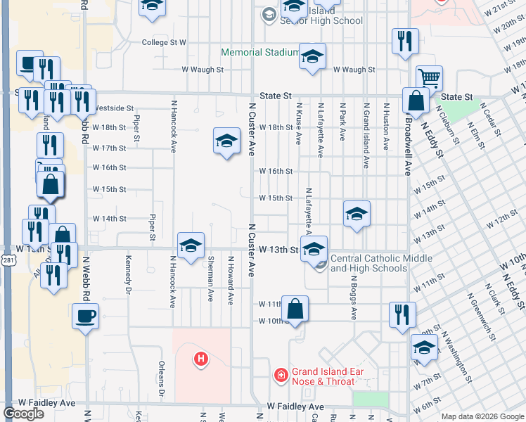map of restaurants, bars, coffee shops, grocery stores, and more near 1426-1496 North Custer Avenue in Grand Island